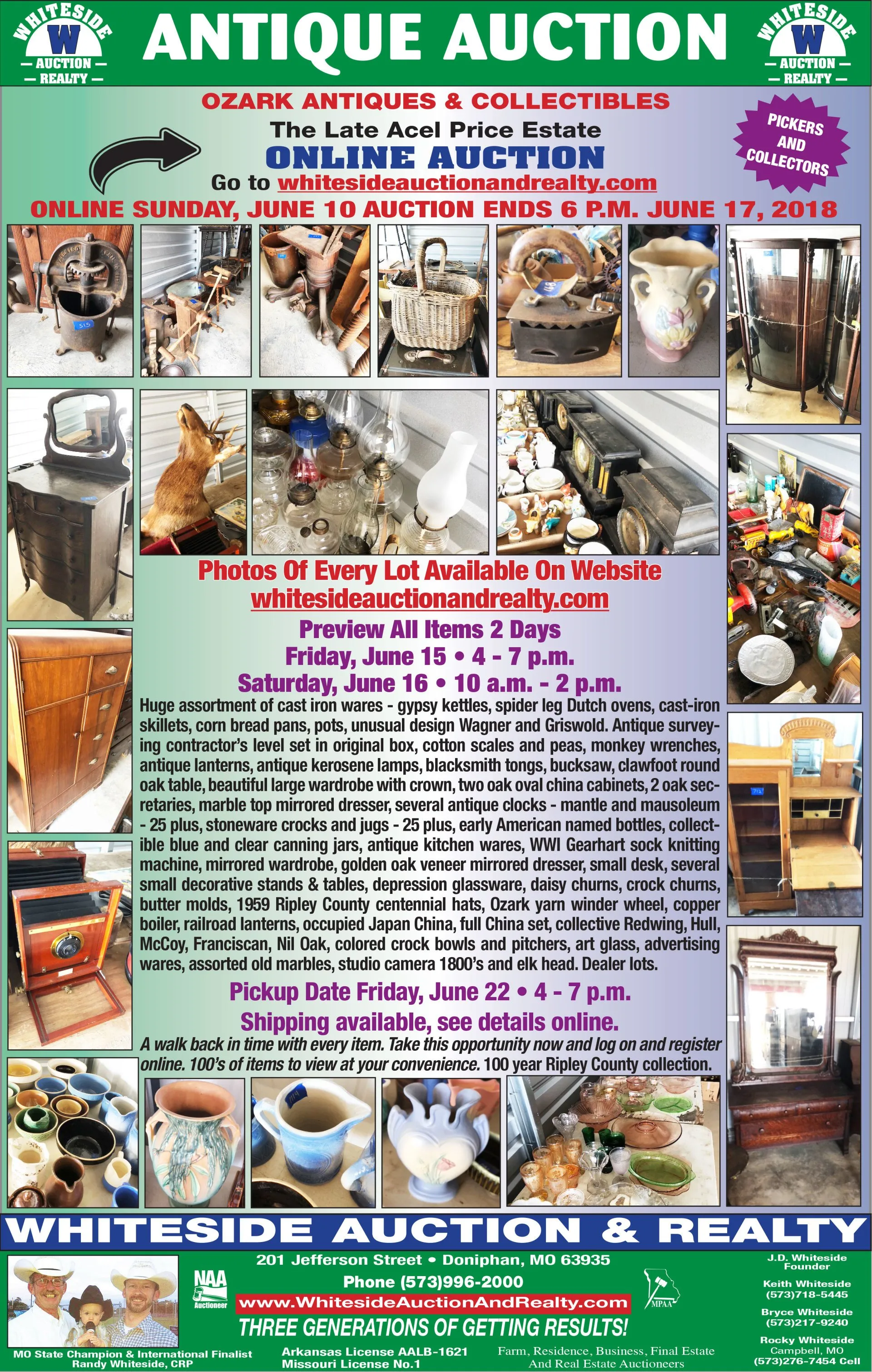 Antique auction advertisement featuring various antique items; online auction June 10-17.