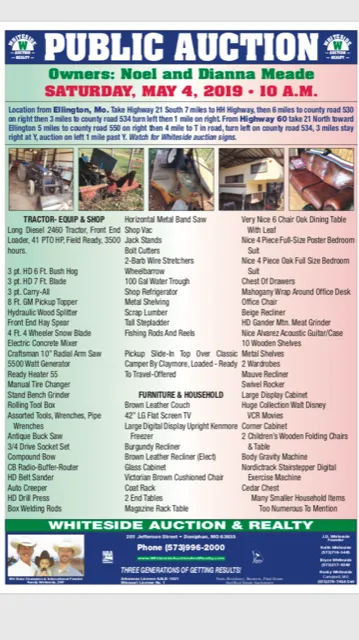 Public auction announcement: Saturday, May 4, 2019, at 10 AM. Owners: Noel and Dianna Meade. Whiteside Auction & Realty.