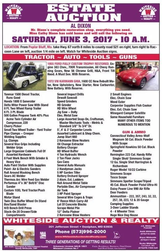Estate auction advertisement for Al Dooin, June 3, 2017. Includes tractors, cars, tools, and guns.