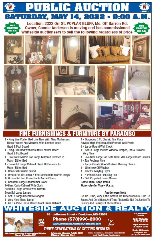 Auction advertisement featuring furniture, location 2322 KY 51, Paducah, KY. Auction date: May 14, 2022, 9 AM.