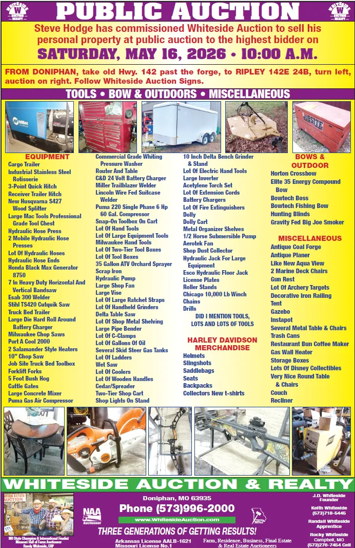 Estate auction flyer for the Cecil S. Rule Darrell estate on April 18, 2020, listing farm equipment, tools, and antiques.
