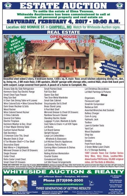Estate auction advertisement with photo of house; Saturday, February 4, 2017, 10:00 AM, in Campbell, MO.