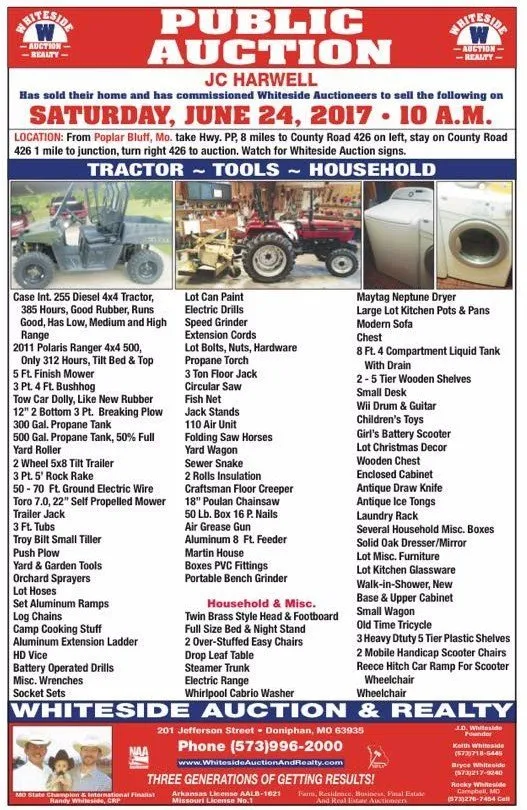 Public auction ad by Whiteside Auction & Realty on June 24, 2017, featuring tractors, tools, and household items.