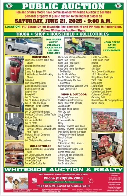 Public auction ad for Whiteside Auction & Realty on June 21, 2025, listing items for sale: truck, shop, household, collectibles.