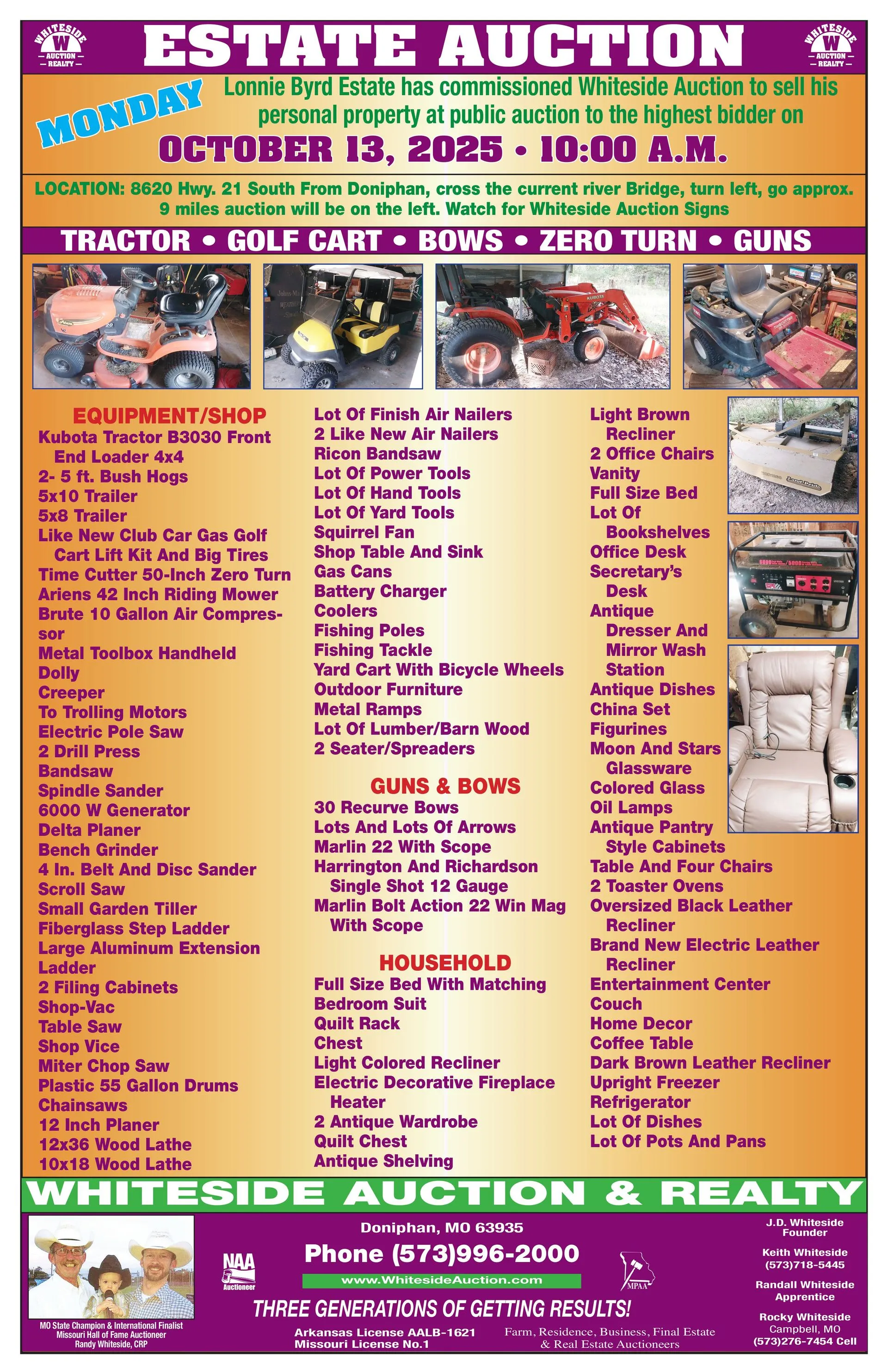 Estate auction ad with equipment, guns, and furniture listed for sale.