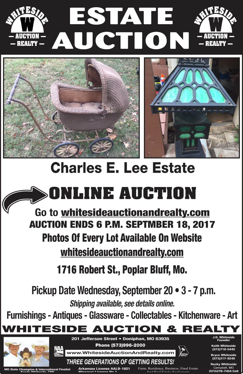 Estate auction advertisement, featuring an antique baby carriage and lamp, details online auction ending Sept 18, 2017.