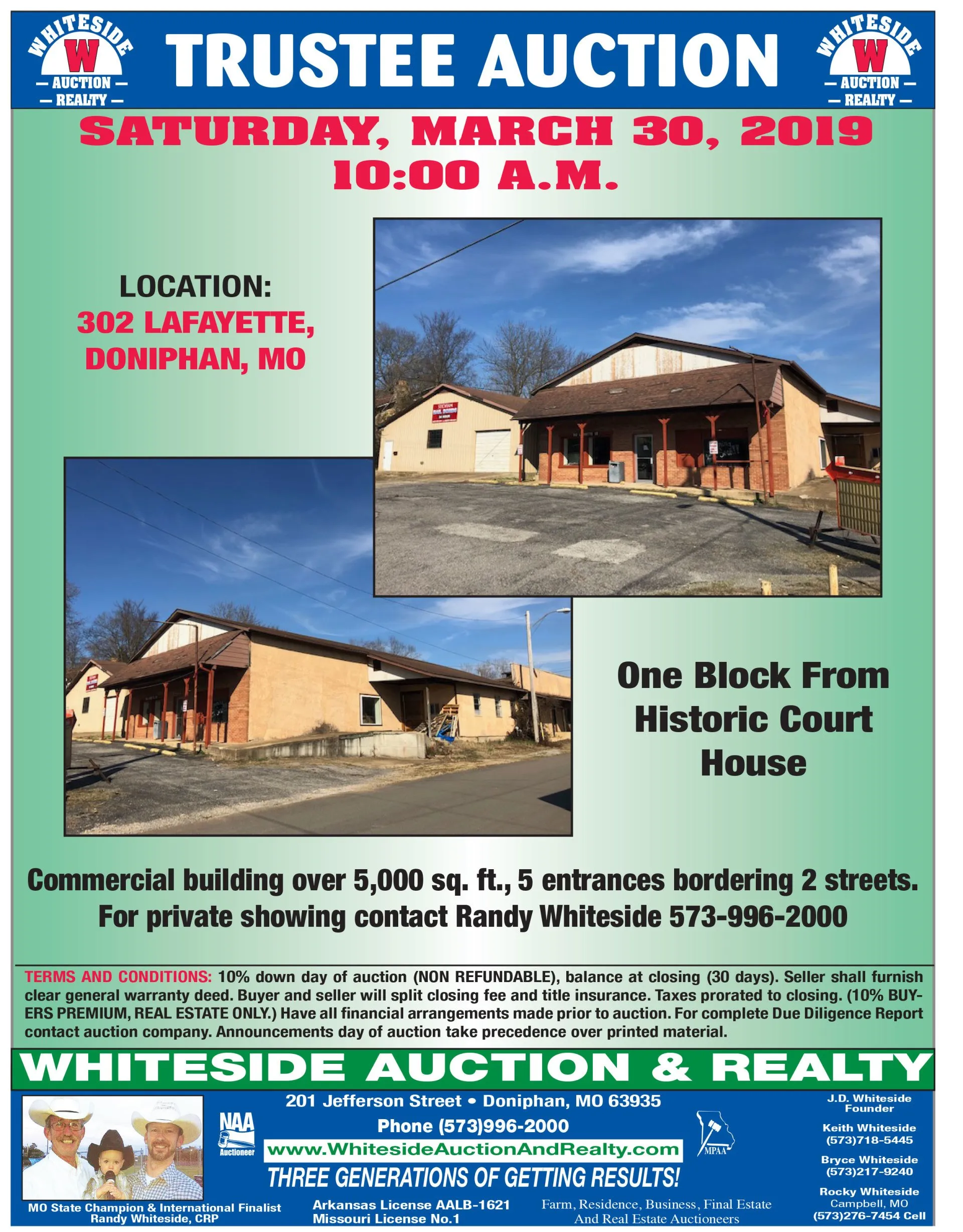 Auction notice for commercial building in Doniphan, MO on March 30, 2019. Includes photos of the building and contact info.
