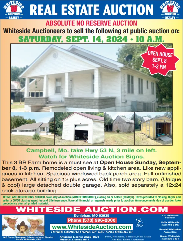 Real estate auction advertisement. White house with acreage, Sept 14, 2024. Open house Sept 8.
